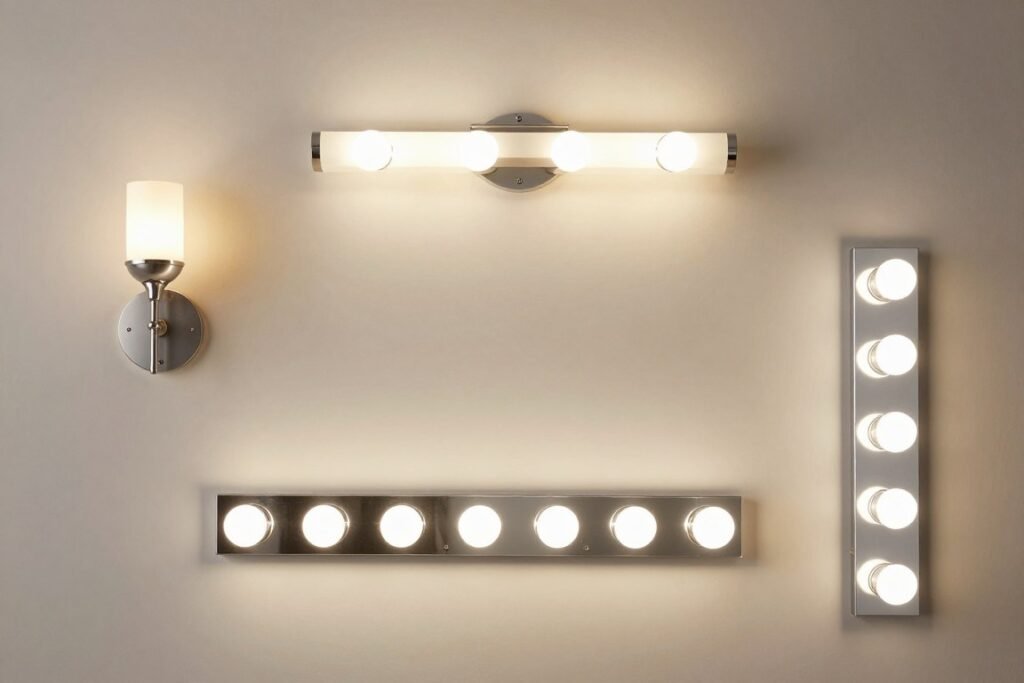 Collection of different vanity lighting types including sconces, bar lights, and Hollywood-style fixtures