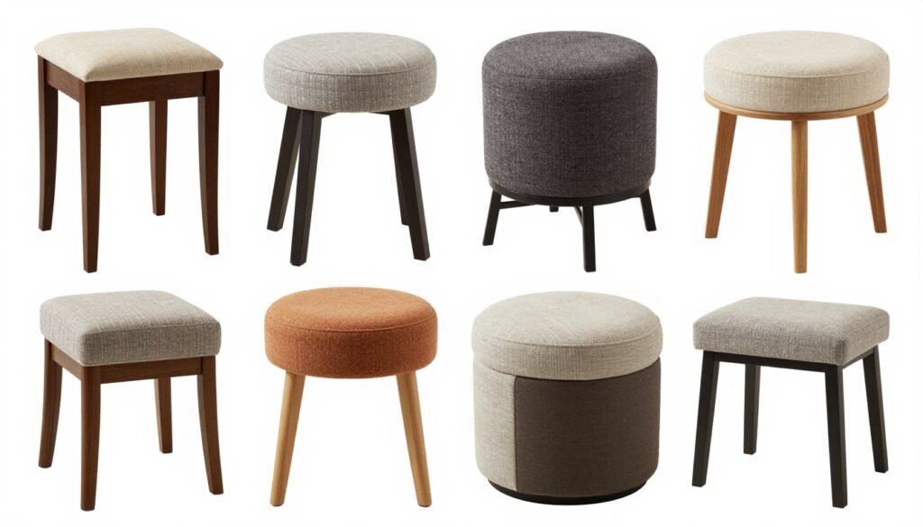 Collection of different vanity stool styles from backless to upholstered