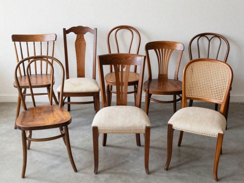 Collection of mismatched vintage dining chairs showing different styles and upholstery