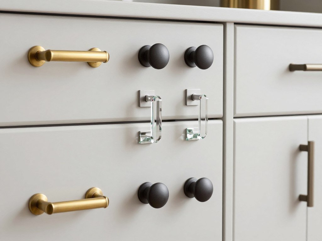 Collection of modern cabinet hardware options next to a hutch with updated pulls and knobs Collection of modern cabinet hardware options next to a hutch with updated pulls and knobs