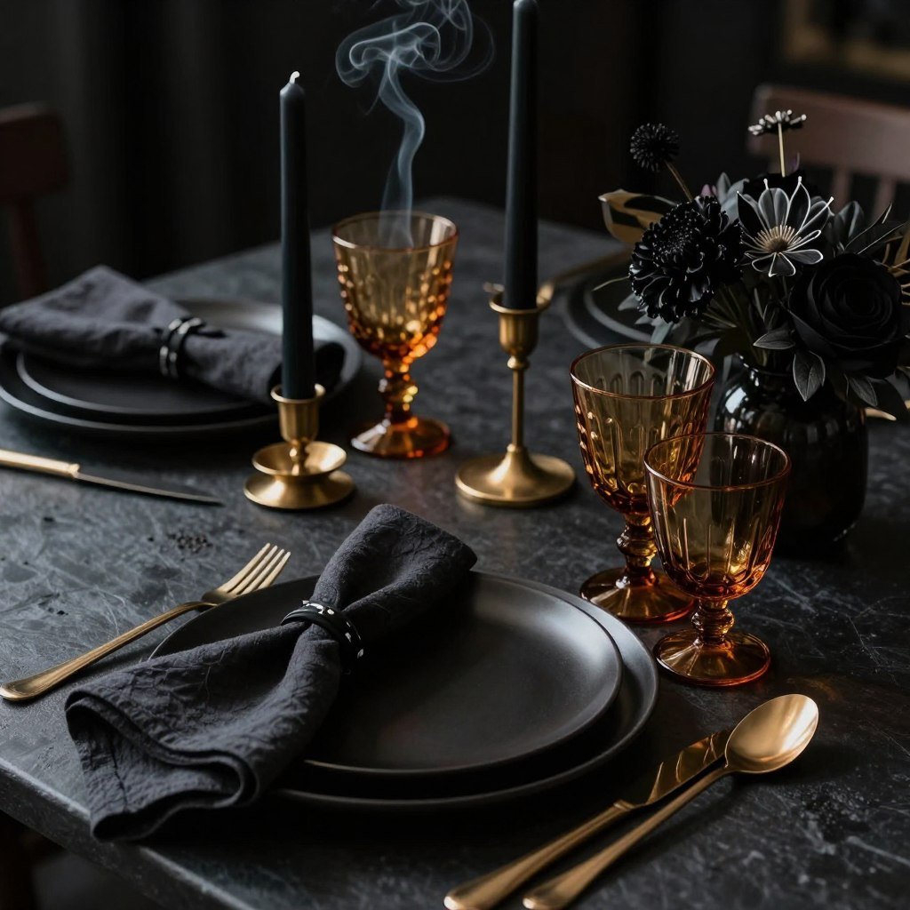 Collection of moody dining accessories including dark linens, black candles, and vintage glassware