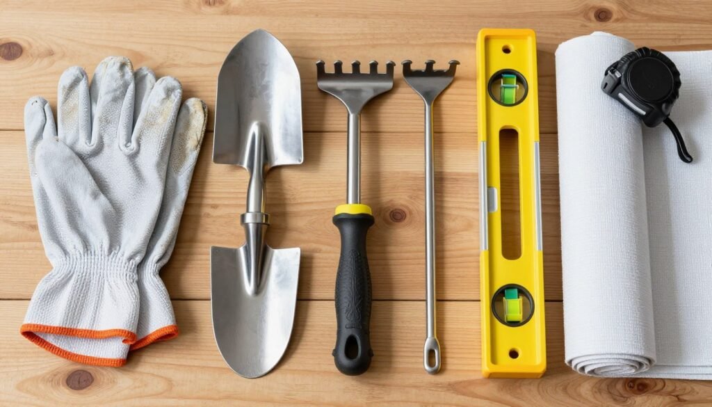 Collection of rock landscaping tools including gloves, shovel, and rake Collection of rock landscaping tools including gloves, shovel, and rake