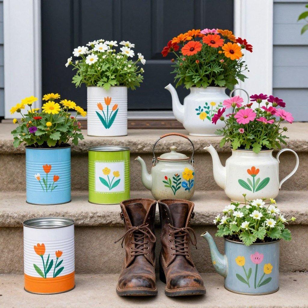 Collection of upcycled containers used as planters including tin cans, old boots, and teapots
