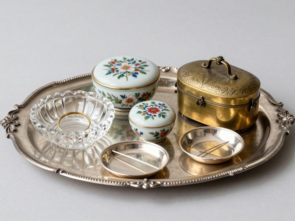 Collection of vintage trinket boxes and dishes on a vanity tray showcasing vintage vanity aesthetic