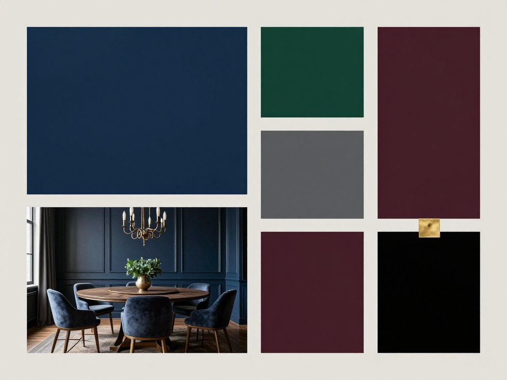 Color palette for moody dining room showing deep navy, forest green, charcoal, burgundy, and black swatches
