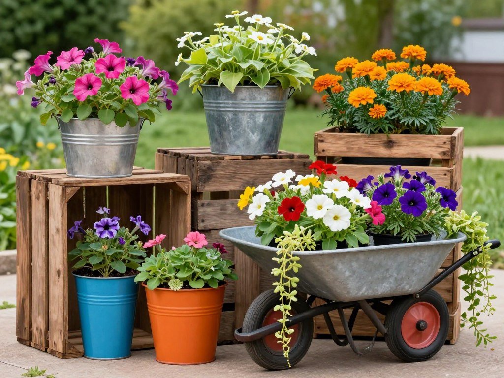Colorful container garden using repurposed items as planters