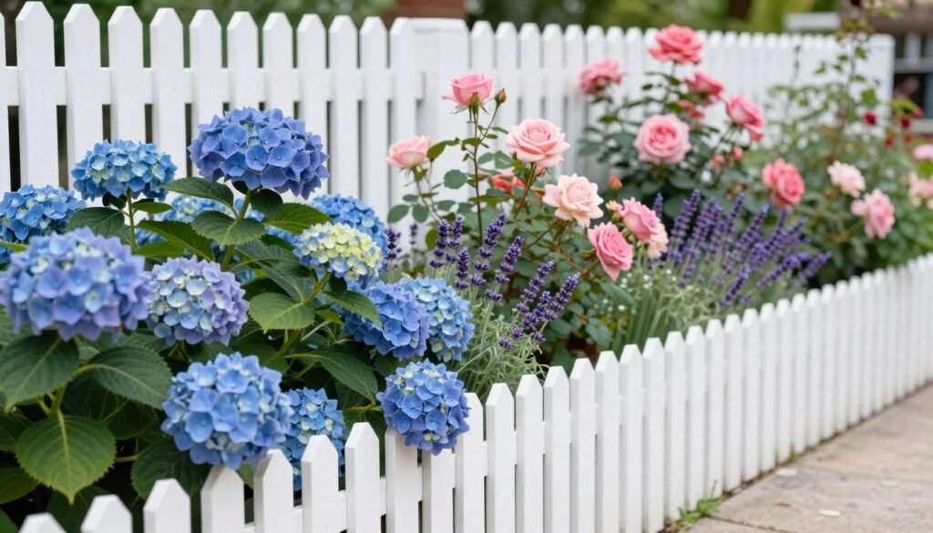 Colorful fence line garden with hydrangeas, roses, and lavender in full bloom against a white picket fence