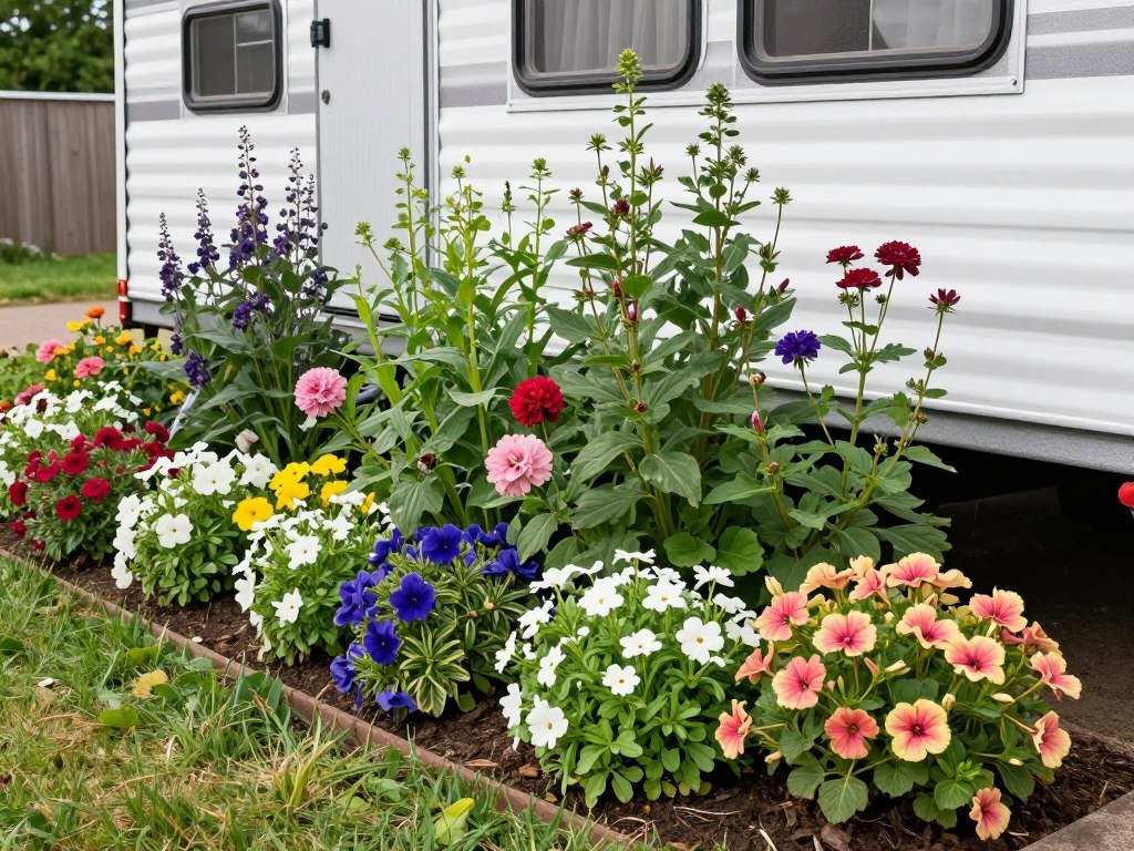 Colorful flower bed with a mix of perennials and annuals providing continuous blooms throughout the growing season