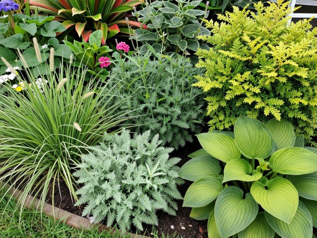 Colorful front yard garden with seasonal blooms and texture variety