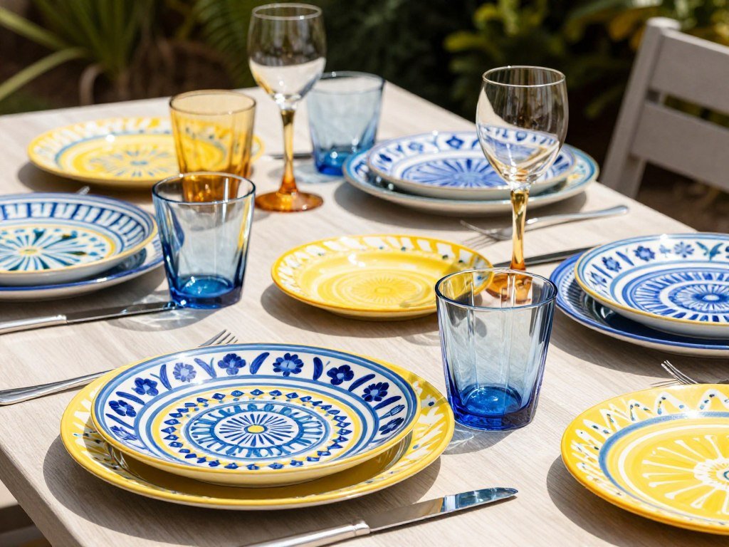 Colorful melamine plates and acrylic glassware arranged on an outdoor dining table
