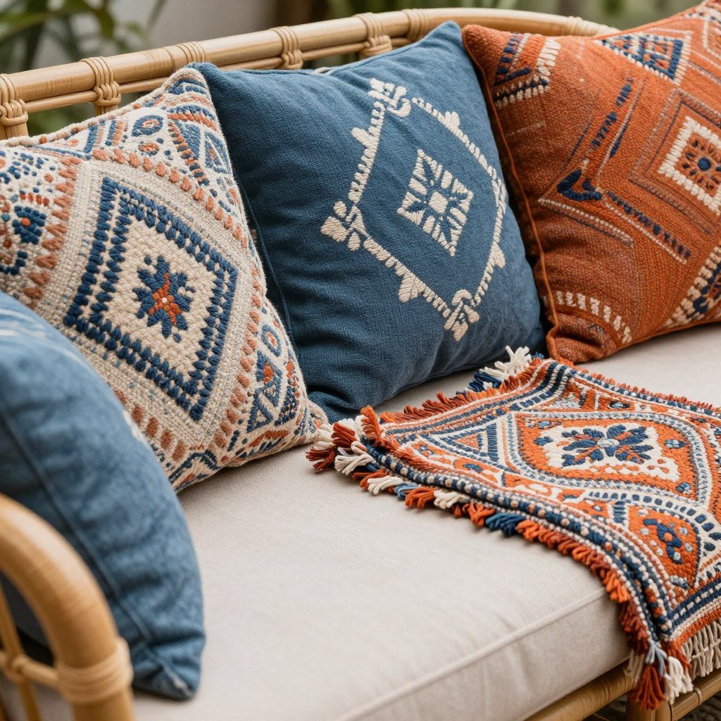 Colorful outdoor cushions and throws on rattan furniture