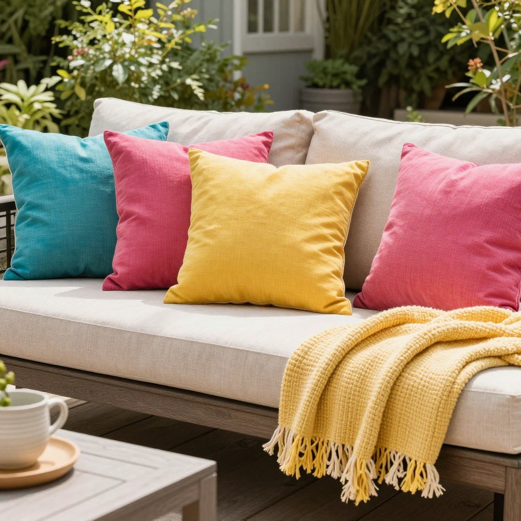 Colorful outdoor pillows and throws on patio furniture