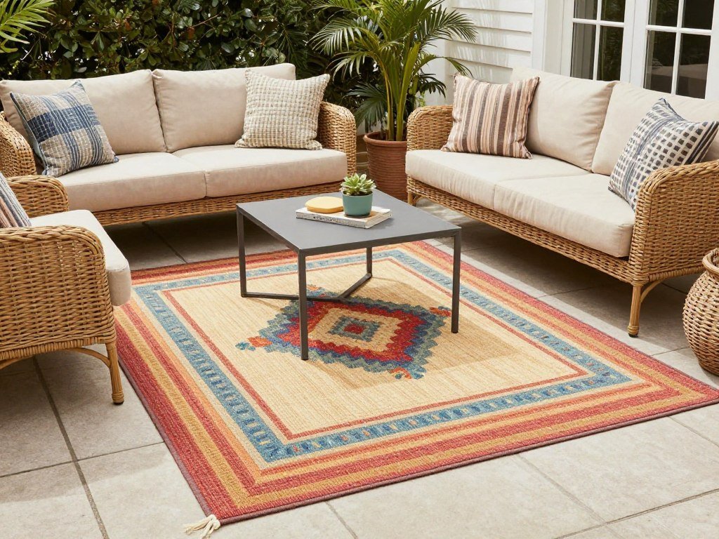 Colorful outdoor rug defining a seating area on a patio