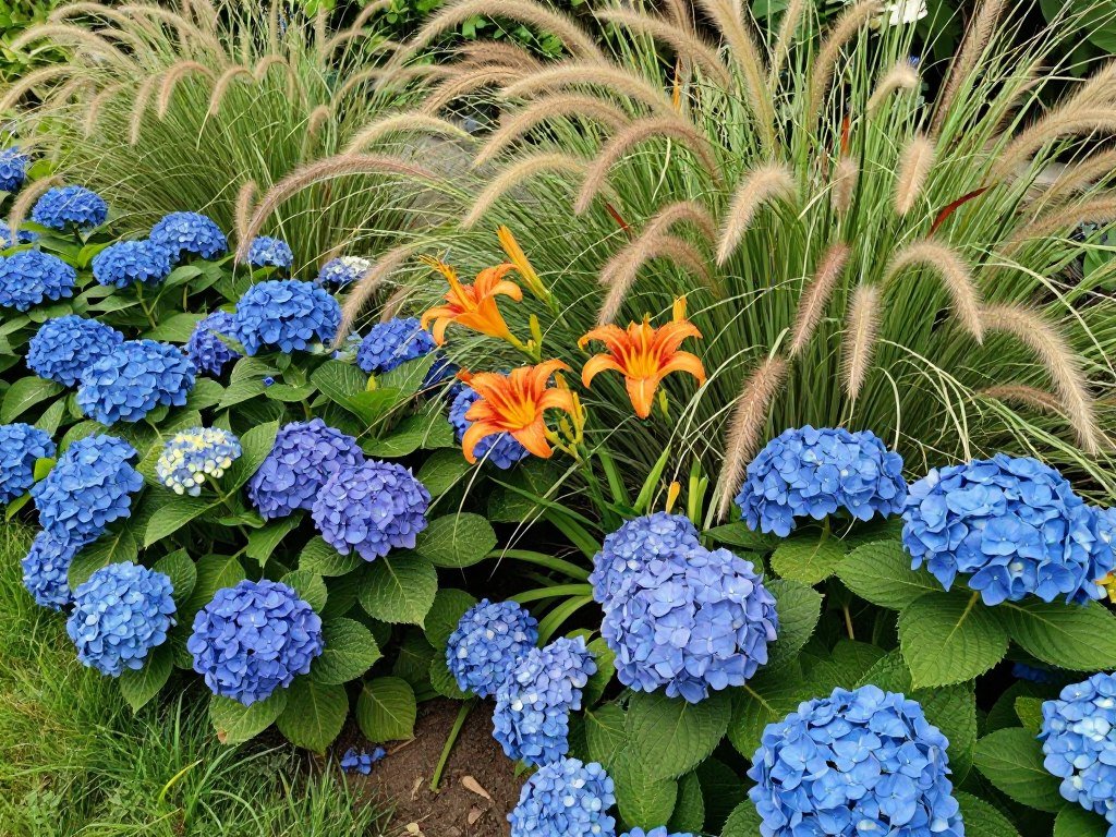 Colorful perennial garden bed with hydrangeas, daylilies, and ornamental grasses
