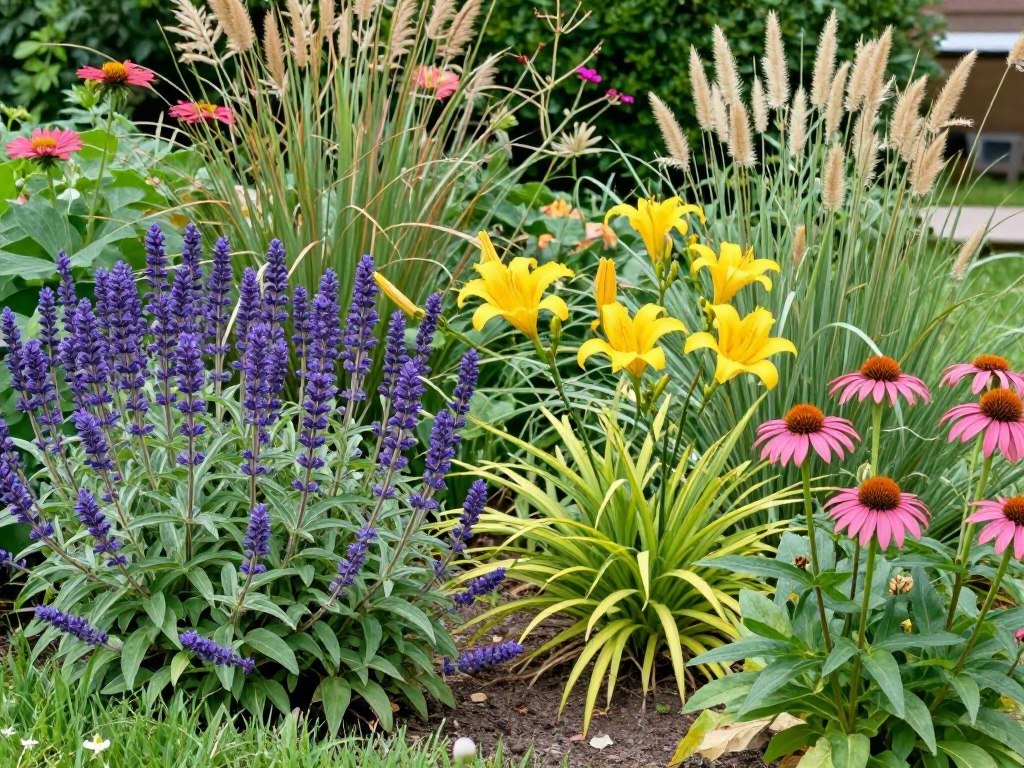 Colorful perennial garden in a front yard with a variety of flowering plants providing seasonal interest