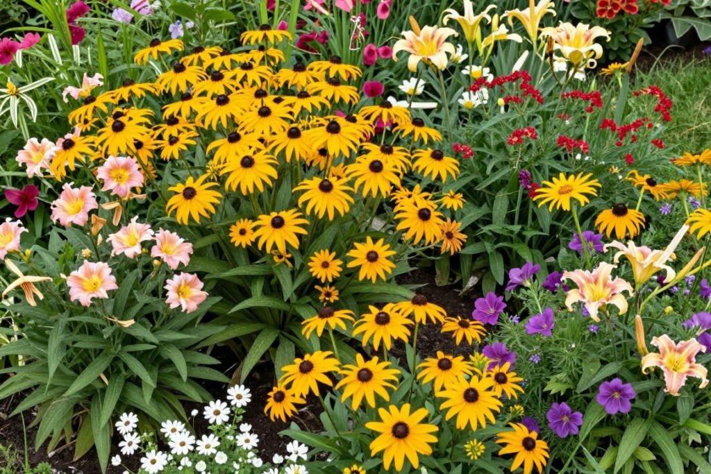 Colorful perennial garden with budget-friendly plants as a cheap landscaping idea