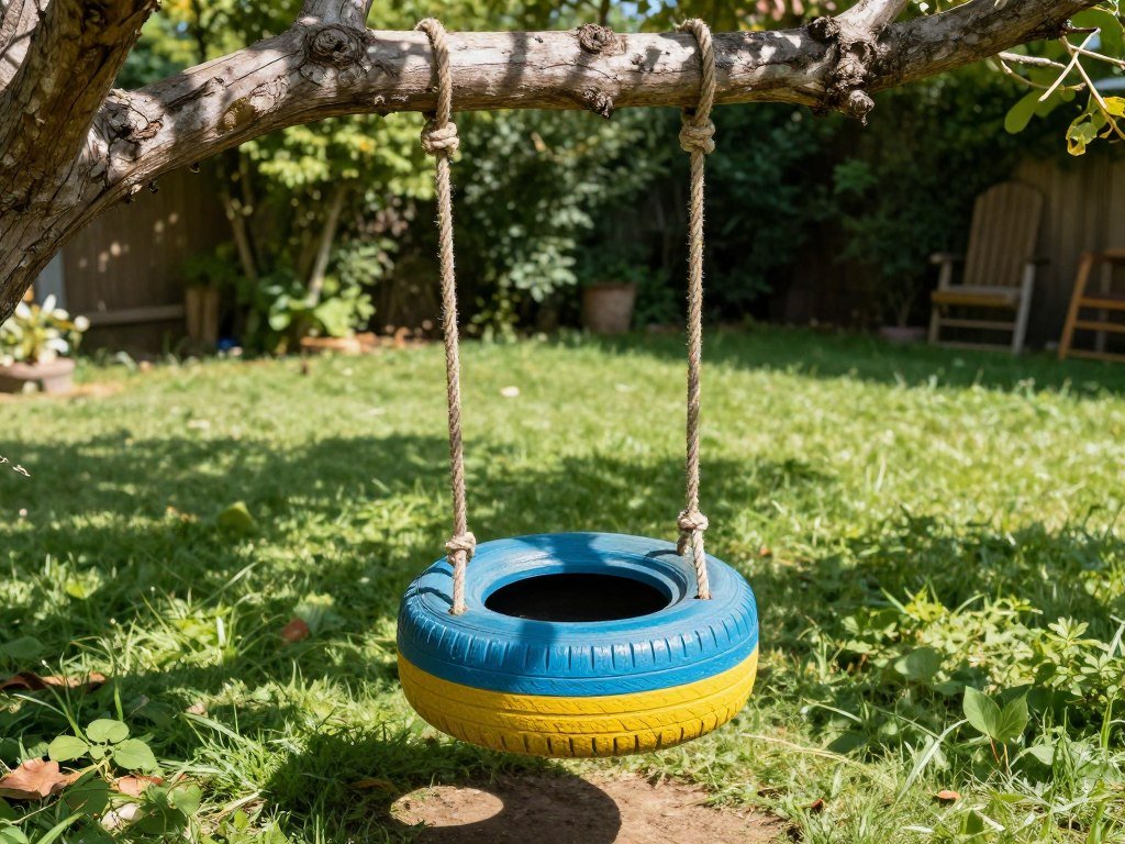 Colorfully painted tire swing hanging horizontally from a tree branch