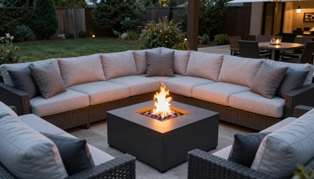 Comfortable conversation area with sectional sofa, coffee table and fire pit Comfortable conversation area with sectional sofa, coffee table and fire pit