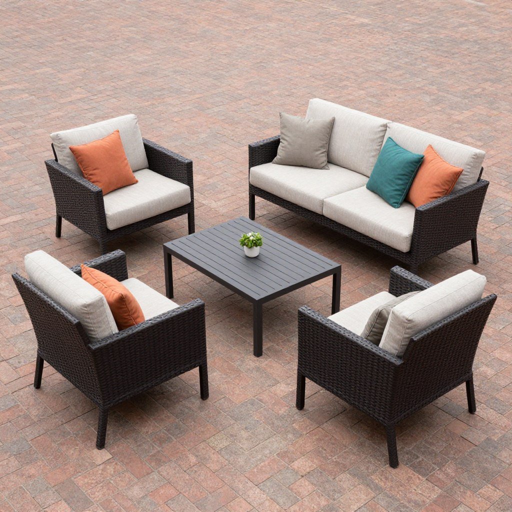 Comfortable lounge seating arrangement on brick patio