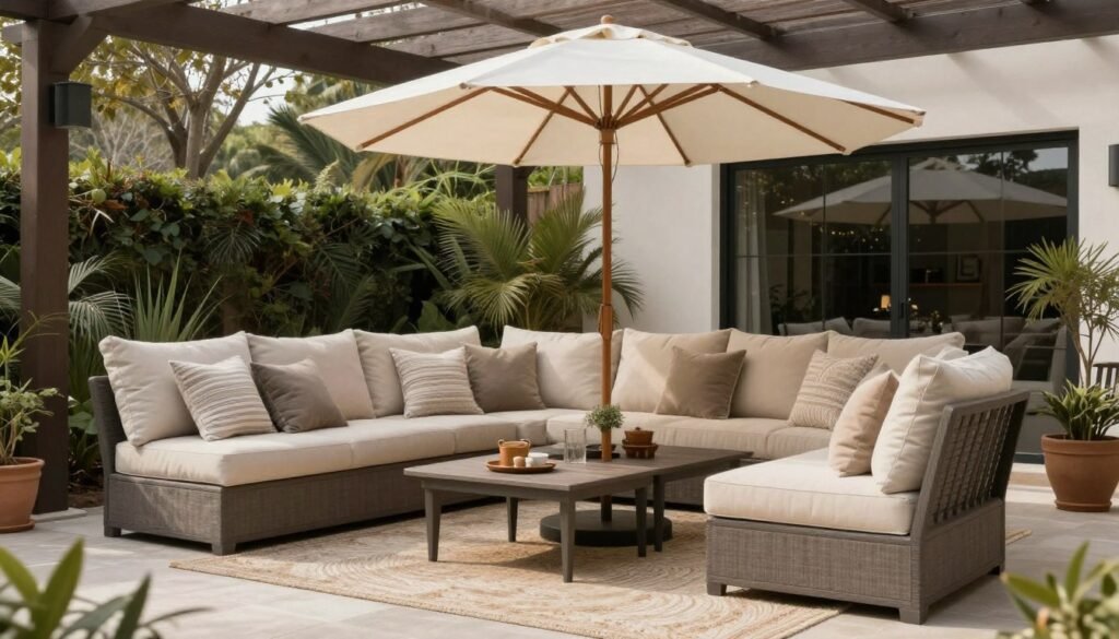 Comfortable outdoor dining area with plush seating, shade, and cozy accessories