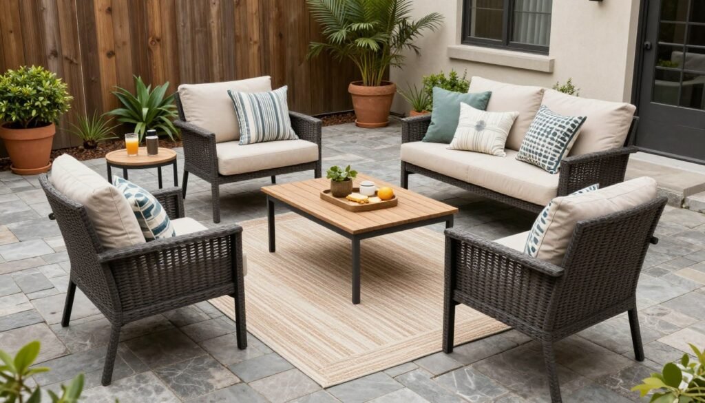Comfortable outdoor furniture arrangement on a DIY patio with accessories