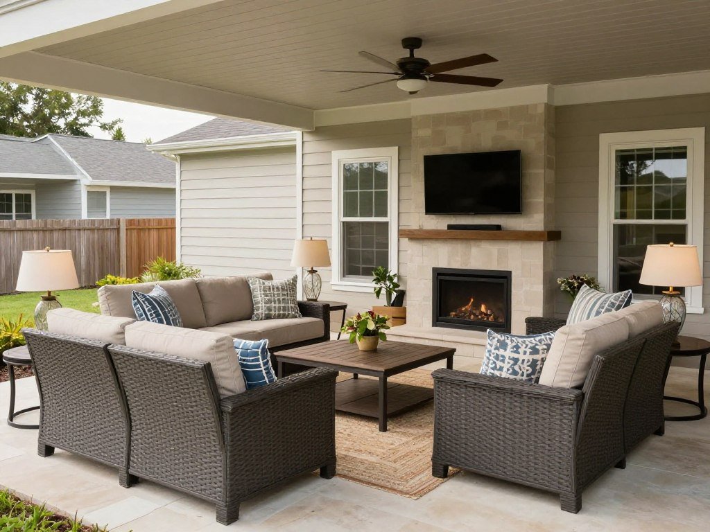 Comfortable outdoor living room under covered patio