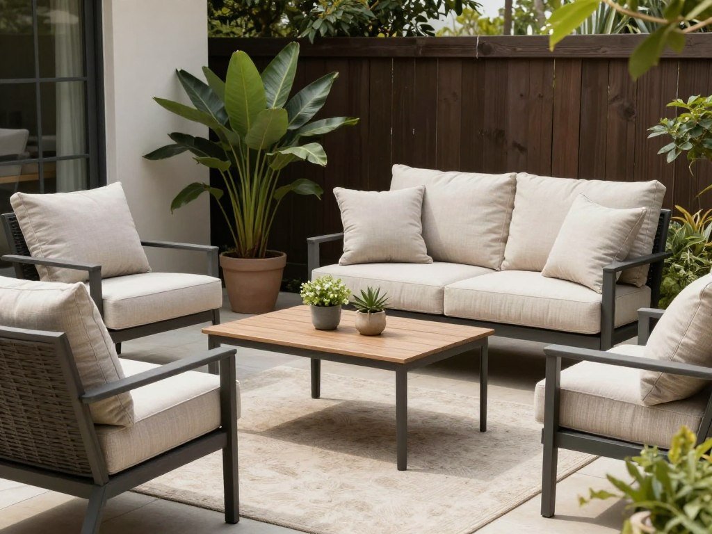 Comfortable outdoor seating area with plush cushions and a small table in a backyard setting Comfortable outdoor seating area with plush cushions and a small table in a backyard setting