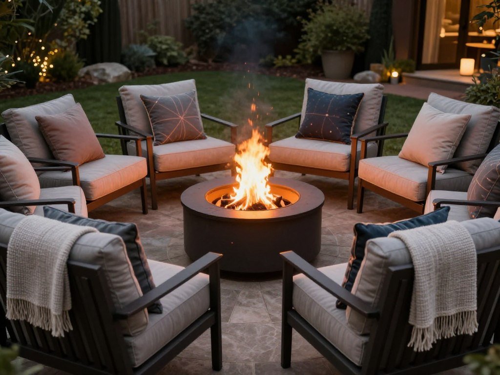 Comfortable outdoor seating arrangement with plush cushions and throws around a fire pit