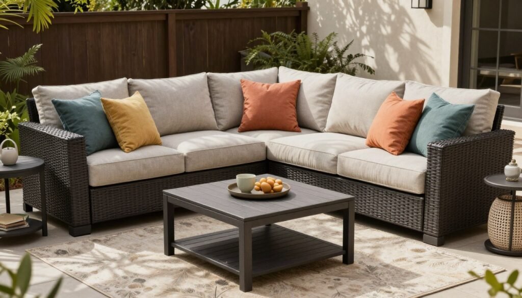 Comfortable outdoor sectional with plush cushions, accent pillows, and a coffee table creating an inviting backyard lounge area