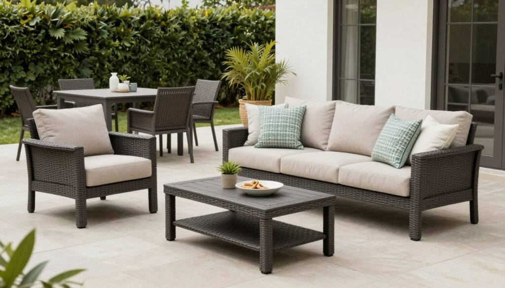 Comfortable patio furniture arrangement with seating and dining areas Comfortable patio furniture arrangement with seating and dining areas