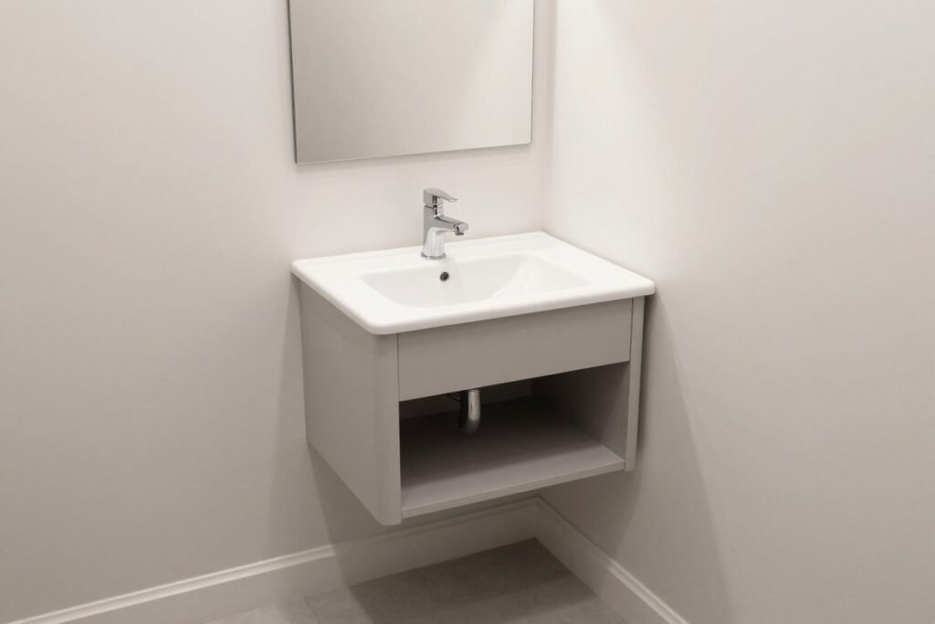 Compact corner bathroom vanity with space-saving design in a small powder room