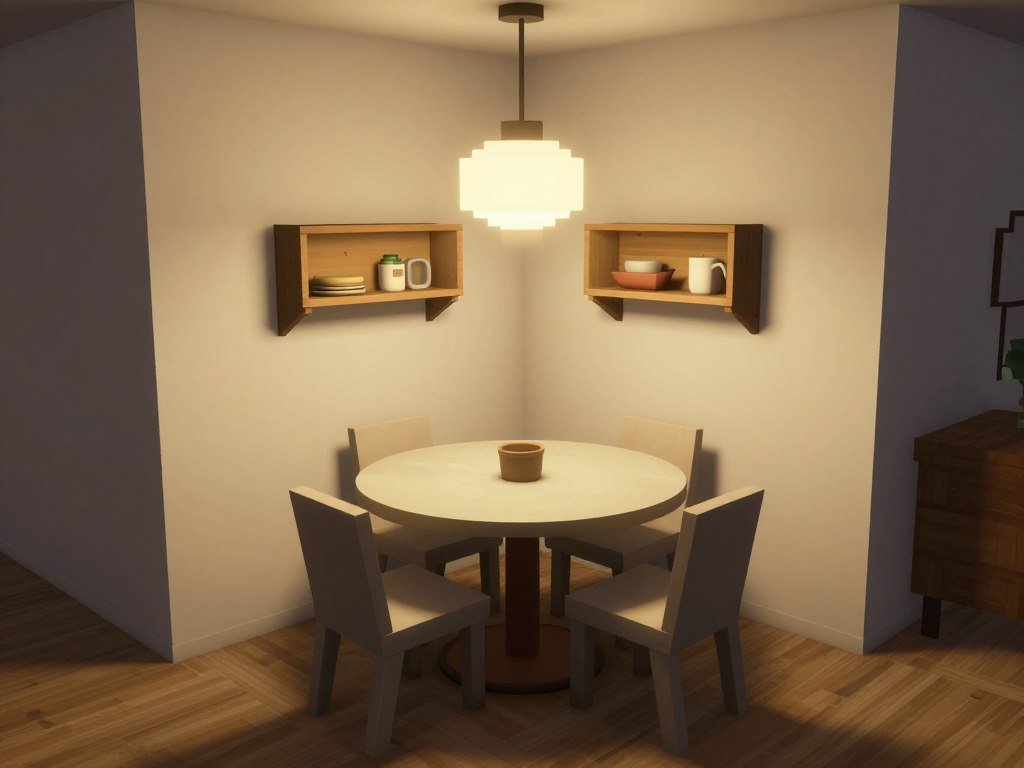 Compact dining area in a small Bloxburg home with space-saving furniture