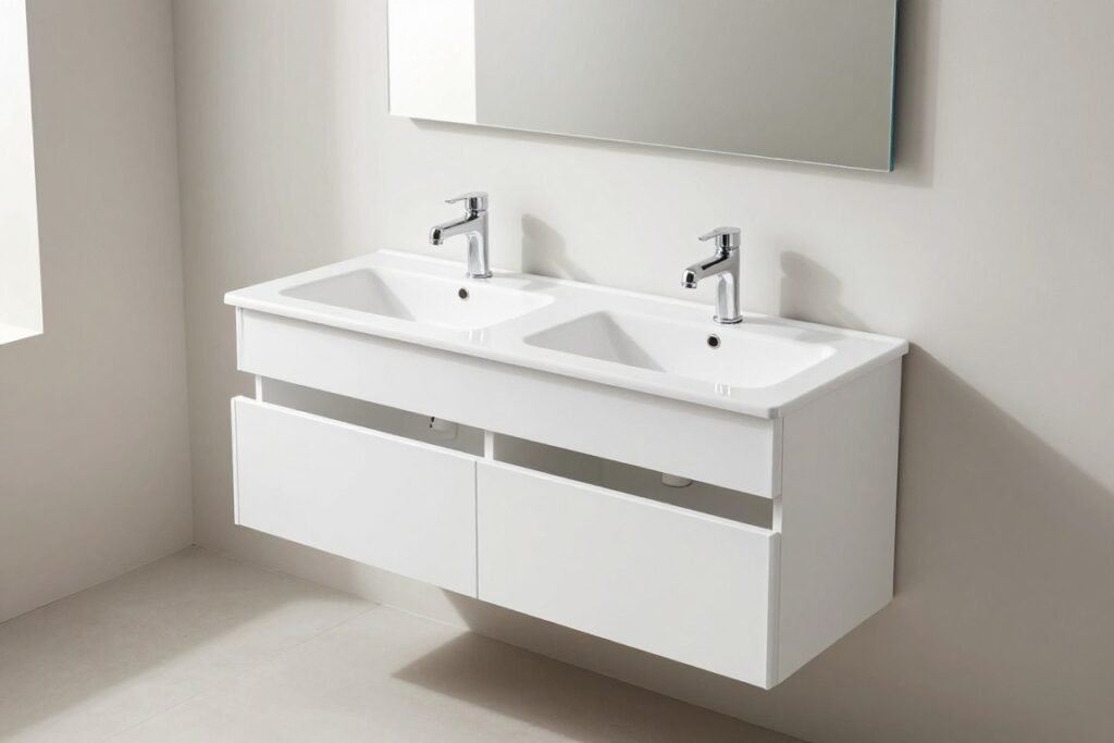 Compact double sink bathroom vanity in a smaller bathroom