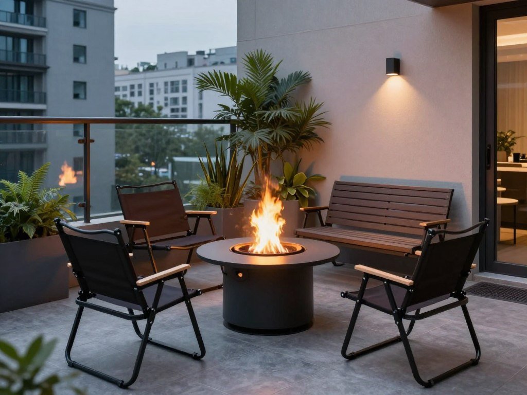 Compact fire pit design for a small patio with space-saving furniture and vertical plantings
