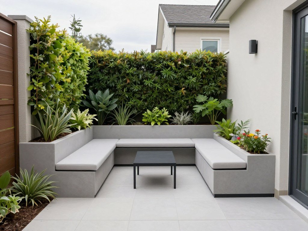 Compact modern backyard with vertical garden and multi-functional elements