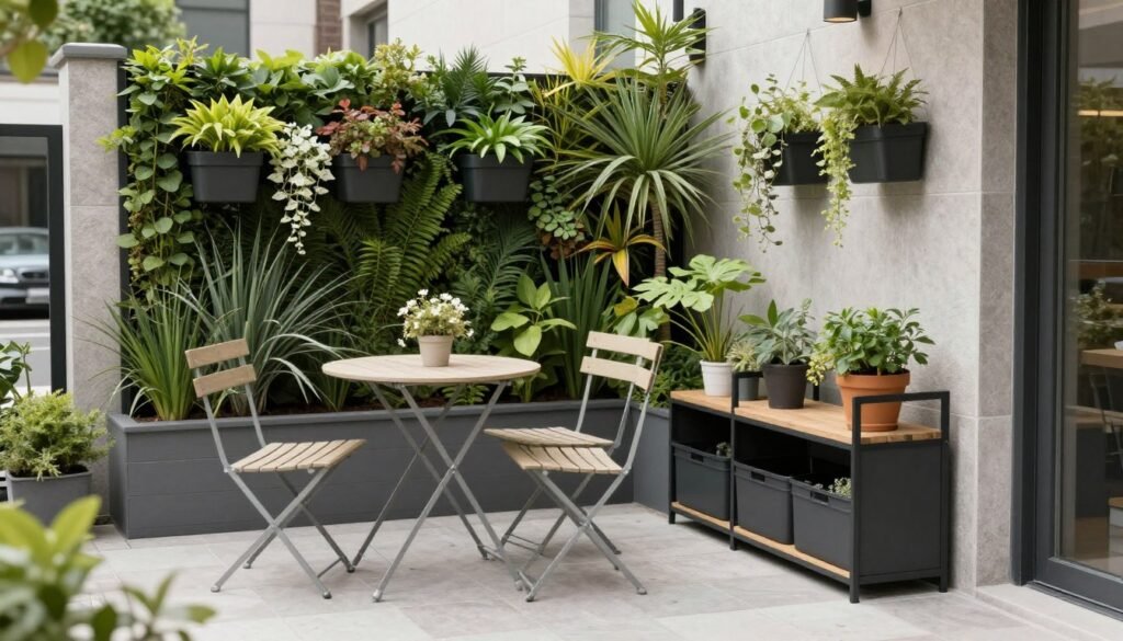 Compact patio with space-saving furniture and vertical elements