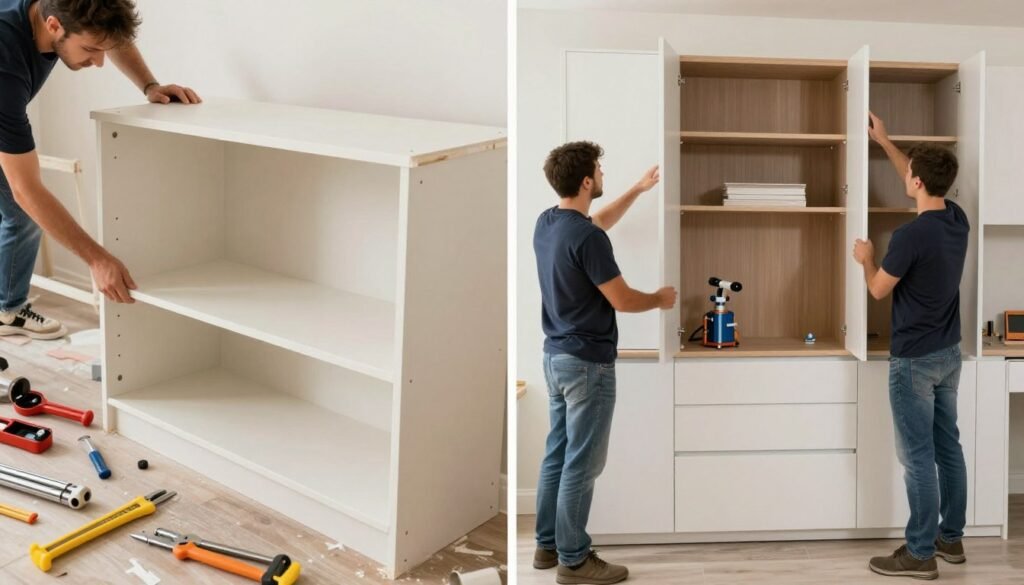 Comparison of DIY and professional built in buffet dining room projects showing tools, materials, and finished results