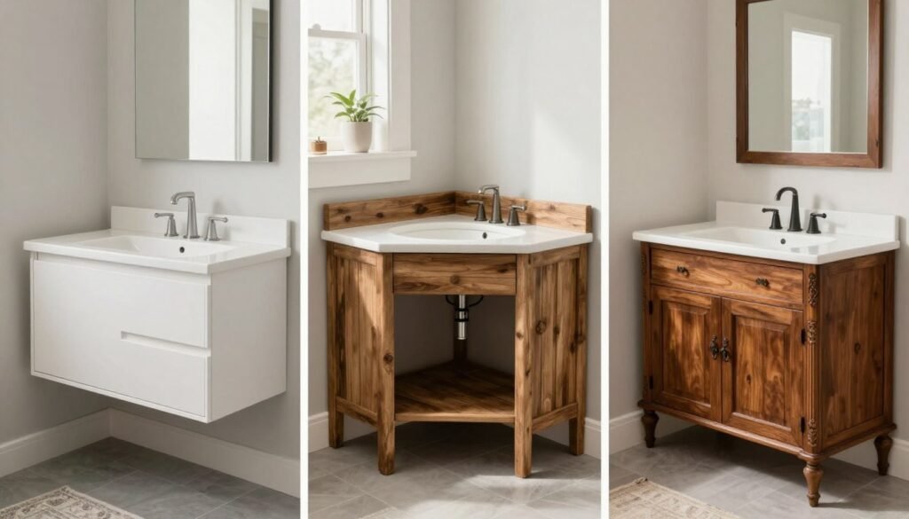 Comparison of different corner vanity styles in various bathroom settings