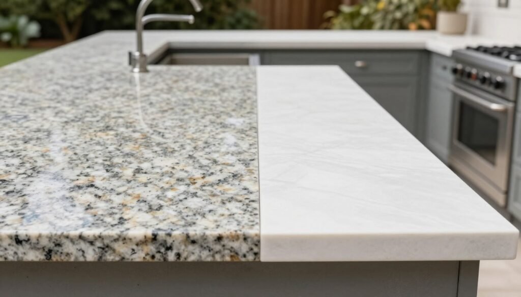 Comparison of different countertop materials in backyard kitchen settings