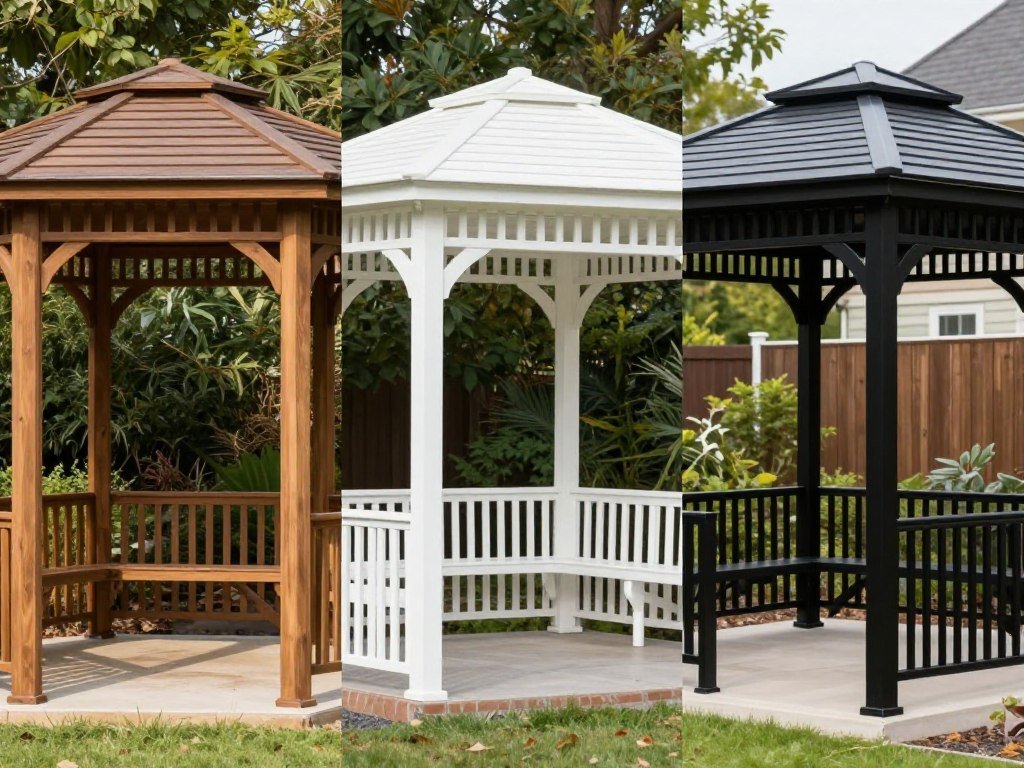 Comparison of different gazebo materials including wood, vinyl, and metal in a garden setting