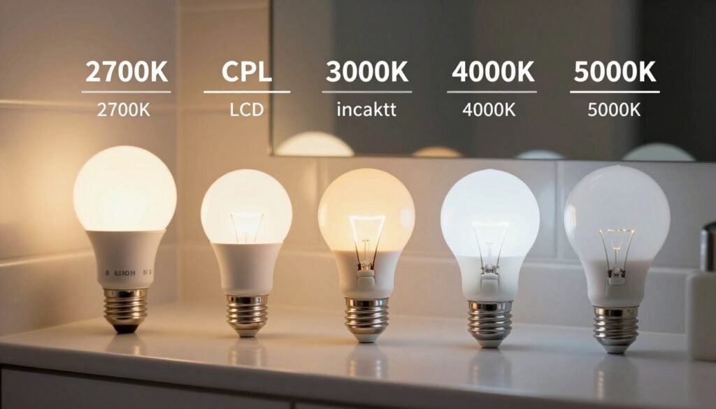 Comparison of different light bulb types and color temperatures for bathroom vanity