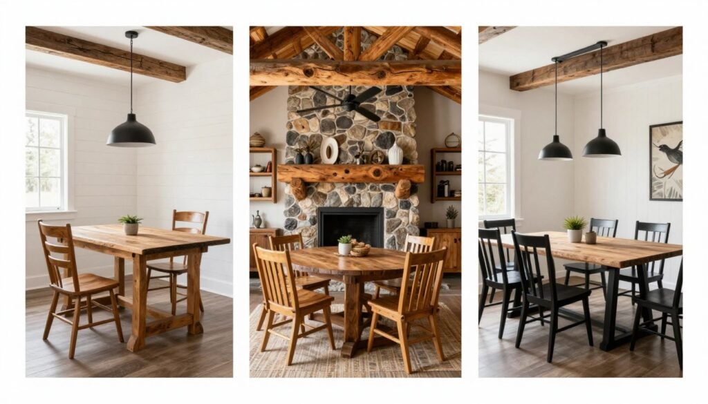 Comparison of different rustic dining styles including farmhouse, lodge, and modern rustic Comparison of different rustic dining styles including farmhouse, lodge, and modern rustic