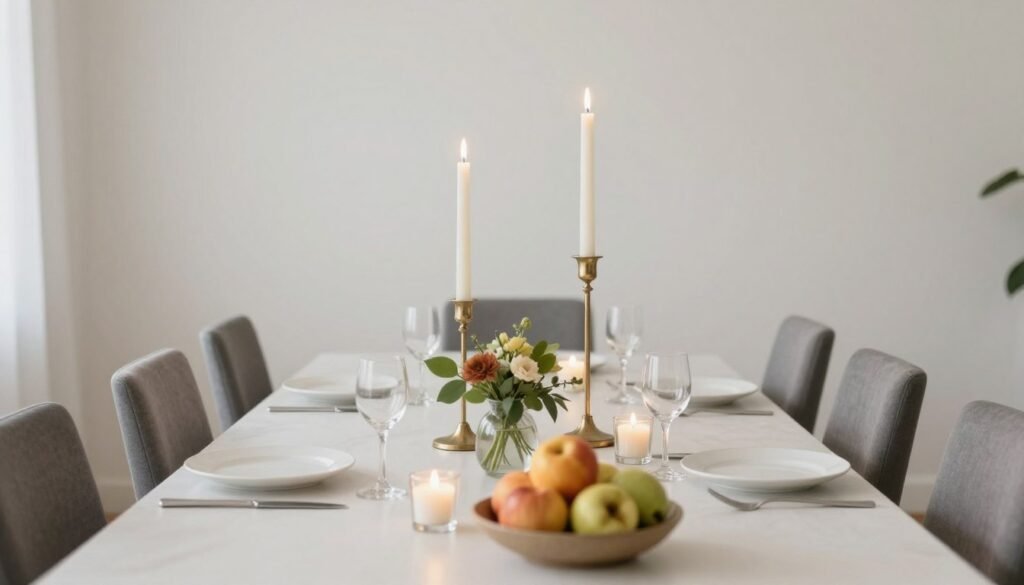 Comparison of low and tall centerpiece elements on a long dining table