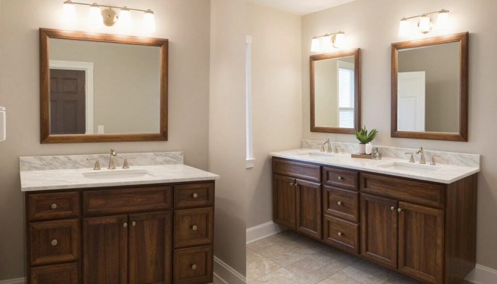 Comparison of single vs double sink master bath vanities side by side