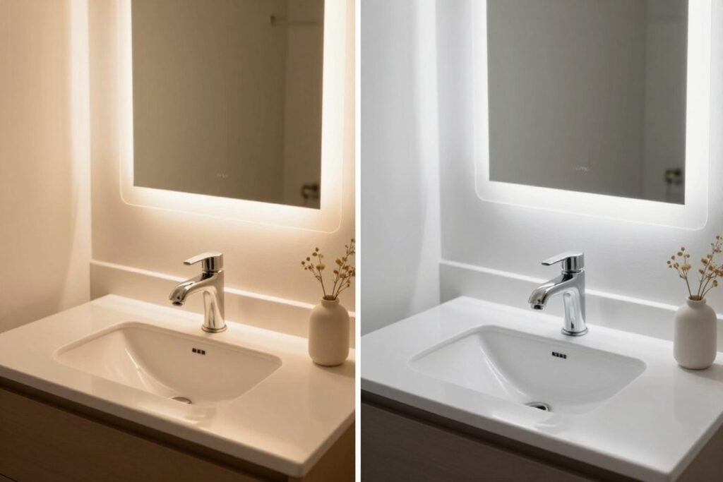 Comparison of warm vs cool lighting in bathroom setting