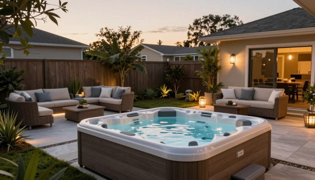 Complete backyard hot tub retreat with integrated design elements including landscaping, lighting, and comfortable seating areas