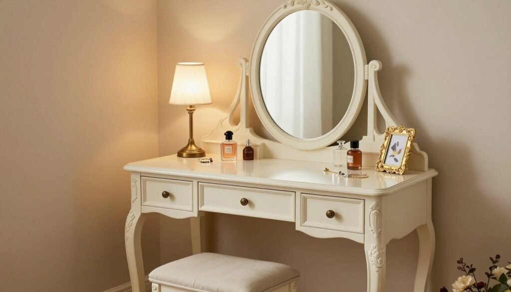 Complete vintage vanity setup showing all elements harmoniously arranged creating perfect vintage vanity aesthetic