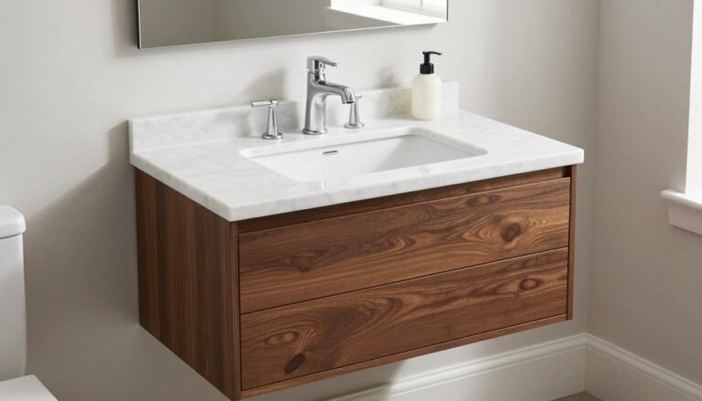 Completed DIY bathroom vanity with white marble top and dark wood base in a modern bathroom