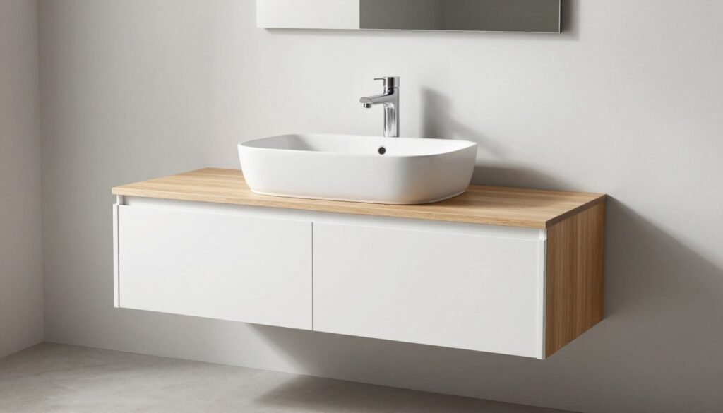 Completed DIY floating vanity with vessel sink