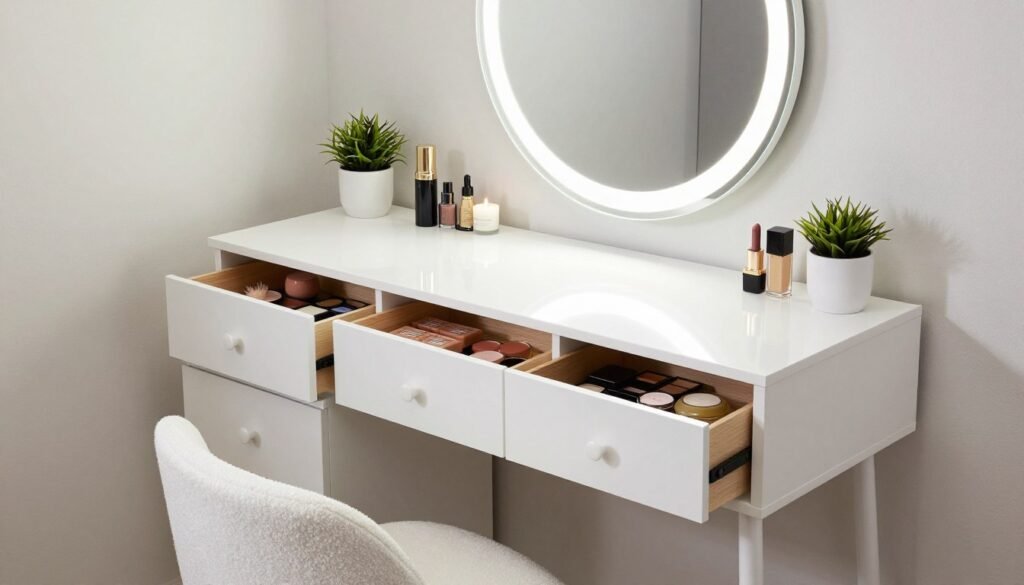 Completed IKEA hack makeup vanity with LED lighting and organized makeup Completed IKEA hack makeup vanity with LED lighting and organized makeup